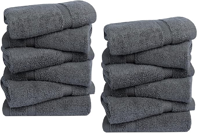 Avalon Towels Cotton Washcloths – (Pack of 12) Size 13x13 Inches, 100% Ring Spun Cotton, Absorbent, Soft Face Towels, Gym Towels, Hotel and Spa Quality, Reusable Fingertip Towels (Grey)