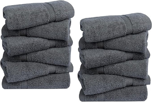 Avalon Towels Cotton Washcloths – (Pack of 12) Size 13x13 Inches, 100% Ring Spun Cotton, Absorbent, Soft Face Towels, Gym Towels, Hotel and Spa Quality, Reusable Fingertip Towels (Grey)
