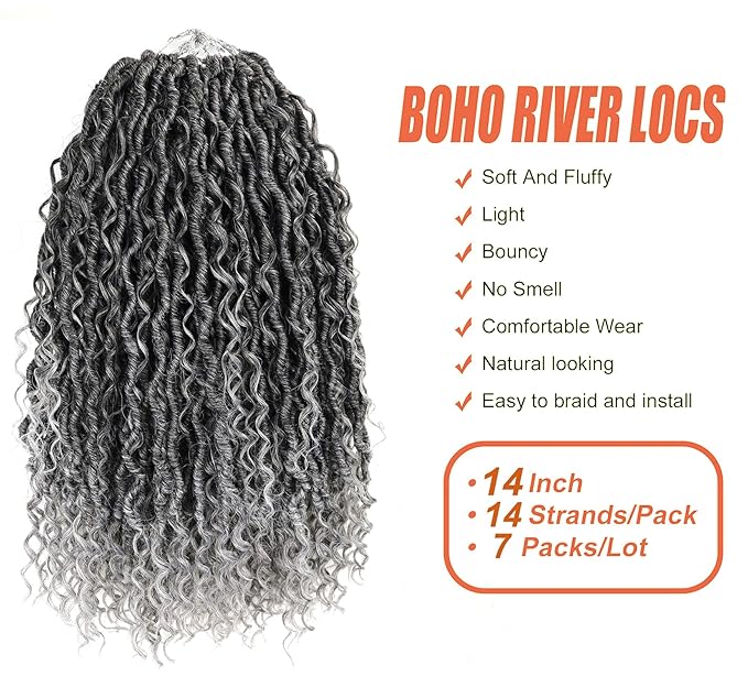 Aipin Goddess Locs Crochet Hair 14 Inch Boho River Locs Hippie Locs Wavy Crochet With Curly Hair In Middle And Ends Braids Hair Extensions (7Packs,14 inch, TGray)