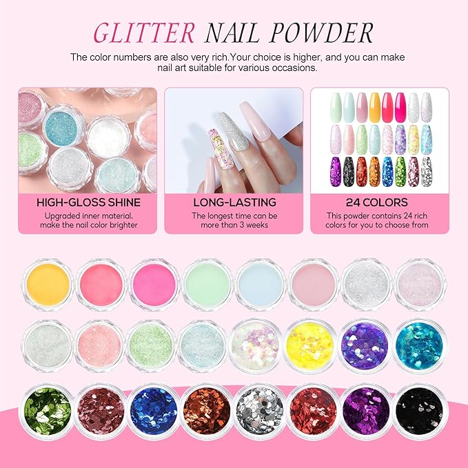 Acrylic Nail Kit for Beginners with Everything 6 Colors Acrylic Powder 4PC Gel Polish 24PC Glitter Powders Professional Nails Kit AcrylicSet with Drill Nail Lamp Manicure for women