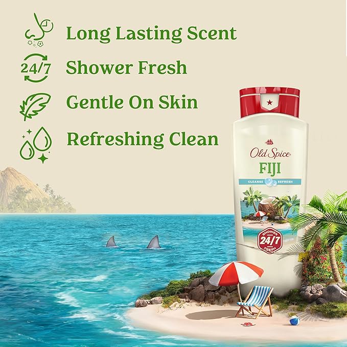 Old Spice Cleansing Body Wash for Men, 24/7 Shower Fresh with Lasting Scent, Cleanse & Refresh, Gentle on Skin, Vitamin B3, Fiji with Palm Tree + Coconut Scent, 18 oz (Pack of 4)