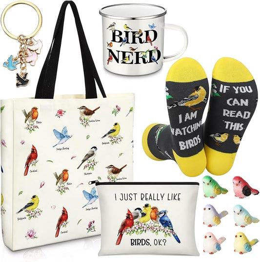 Animal Lover Gifts for Women Mother's Day Animal Themed Gifts for Mom Include Canvas Tote Bag, Makeup Bag, Socks, Keychain, Enamel Mug, Small Figurines(Bird)