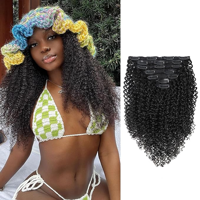Clip in Hair Extensions Real Human Hair Kinky Curly Clip ins Hair Extensions for Women 7Pcs 120g/Set 24Inch Clip on Hair Extensions Double Weft Brazilian Remy Natural Black OQ Human Hair