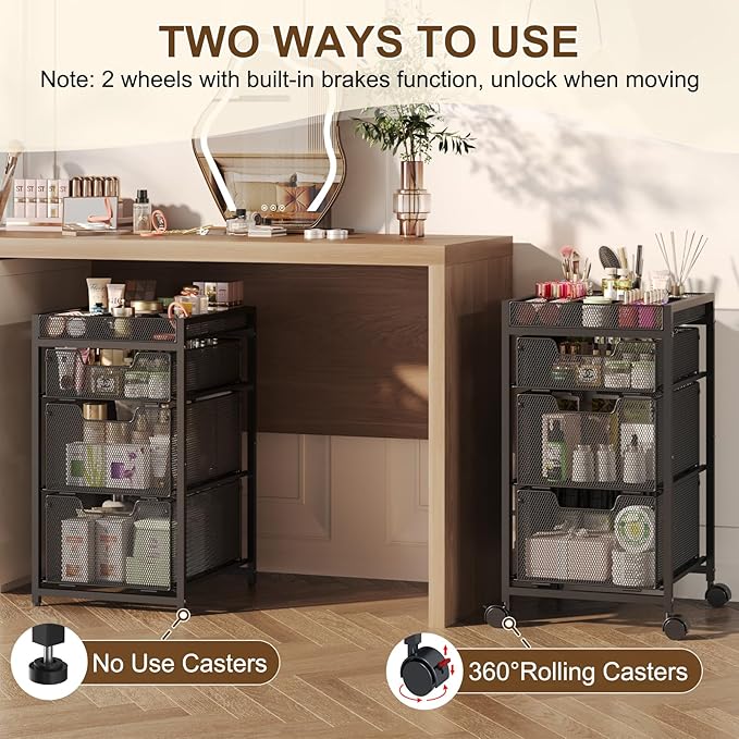 JKsmart Rolling Makeup Cart Organizer with 3 Drawers, Cosmetics Display with Dividers, Floor Skincare Storage with Wheels, Versatile Vanity Organizer for Nail Polish Perfume Brush Hair Tool, Black