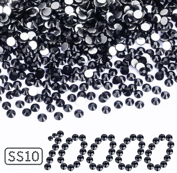10000PCS Black Rhinestones Bulk, Flat Back Crystal Glass Stone Round Gems,SS10, 2.7-2.9mm