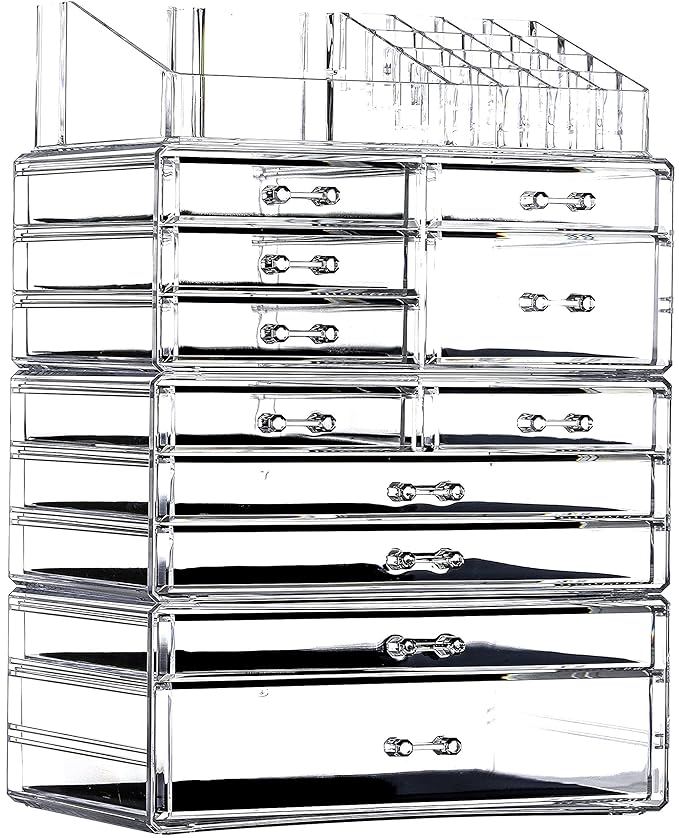 Cq acrylic 4 Pack Clear Skincare Organizer for Vanity,Stackable 11 Drawers Make Up Organizer,Cute Cosmetic Organizer for Vanity Jewelry,Hair Clip,Beauty,Skincare Product Dresser Acrylic Desk Organizer