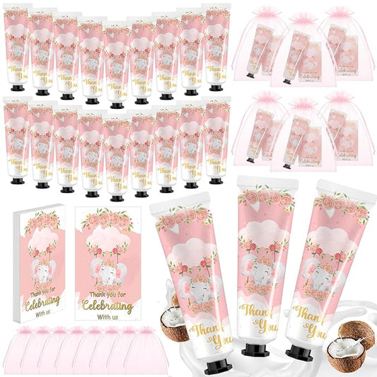 24 Sets Baby Shower Hand Cream Bulk Pink Elephant Shower Favors Bridal Thank You Appreciation Hand Cream for Guests Travel Size Lotion with Organza Bags