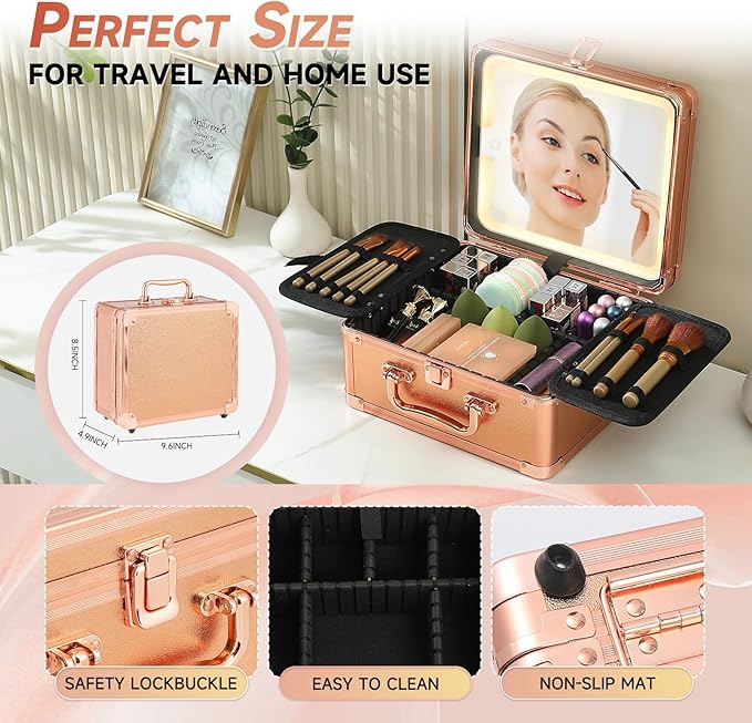 Leeora&Leekoo Makeup Box with LED Mirror & Aluminum Frame, Compact Multi-Layer Cosmetic Organizer - Portable ABS Travel Train Case for Makeup Storage(Gift for Girlfriend/Daughter) (Gold)