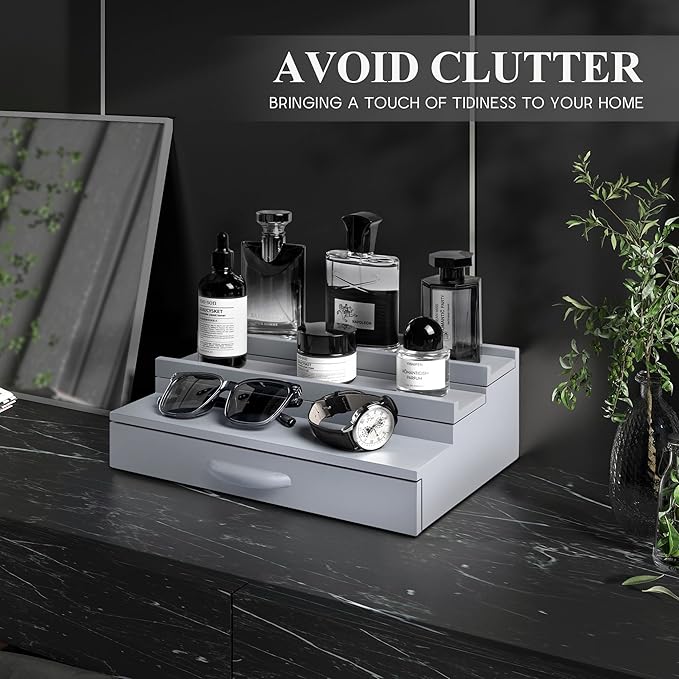 EOSAHR Cologne Organizer for Men - 3 Tier Perfume Stand Organizer with Storage Drawer and Hidden Compartment - Great Gift for Dad & Boyfriend (Gray)