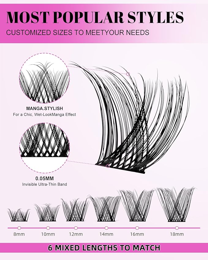 Aphrodite Lash Clusters Kit 8-18mm Fluffy Volume Eyelashes Cluster Extension Kit D Curl Individual DIY False Lash Extension Kit with Lash Bond and Seal, 0.05mm Thin Invisible Black Lash Band