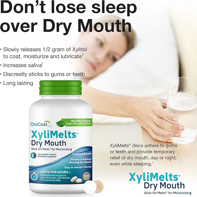 Oracoat XyliMelts for Dry Mouth Night Time or Day - Moisturizing Dry Mouth Adhering Discs, Sugar Free with Xylitol, 100 Count, Mild Mint Flavor, 8-Hour Relief