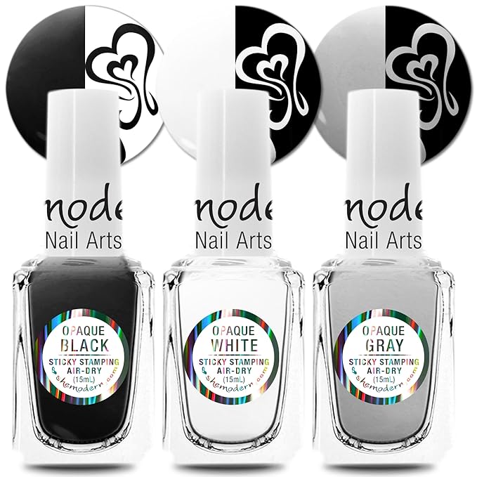 SheModern STICKY Opaque BLACK + WHITE + GRAY Stamping Polishes For Nail Art Design Air-Dry Collection. More Transfer Time with Tacky Surface for Easy Adhere of Pigment, Glitter