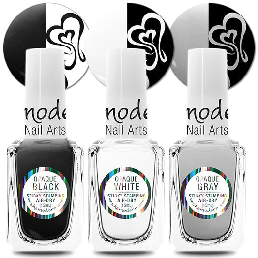 SheModern STICKY Opaque BLACK + WHITE + GRAY Stamping Polishes For Nail Art Design Air-Dry Collection. More Transfer Time with Tacky Surface for Easy Adhere of Pigment, Glitter