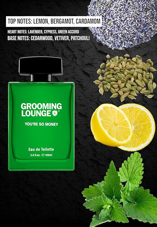 Grooming Lounge Men's Fagrances Eau de Best Perfume for Men - Features Energizing Notes of Lemon Bergamot Cardamom and Patchouli - Travel Size Perfume 3.4oz (You're So Money)