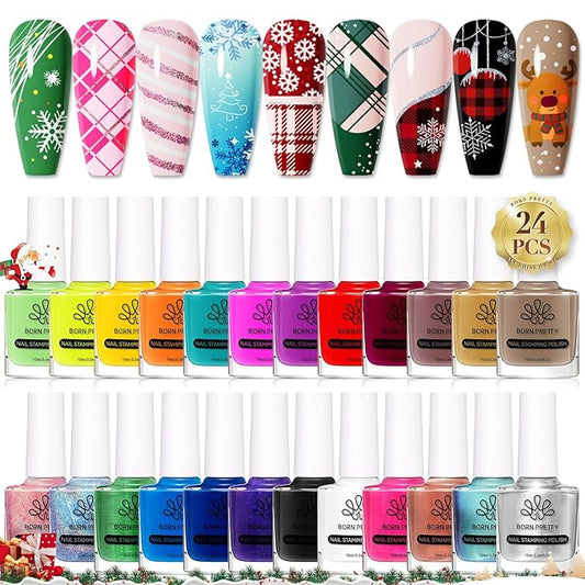 Born Pretty Nail Art Stamping Polish Holographic Chameleon Effect Fingernail Stamp Polish Set Manicure Print Nail Polish for Stamping Plates 24 Colors Bulk Nail Polish Set Gift Collection