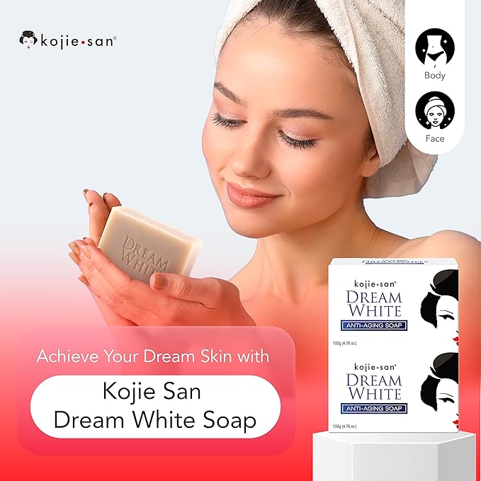 Kojie San Dream White Soap - Skin Brightening Kojic Acid Soap with Collagen, Elastin & Coconut Oil - 135g x 2 Bars