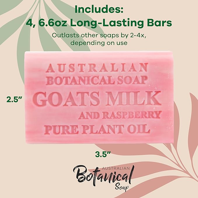 Australian Botanical Soap Goats Milk with Raspberry 6.6 oz Luxury Soap Bars Enriched with Shea Butter, Pack of 4
