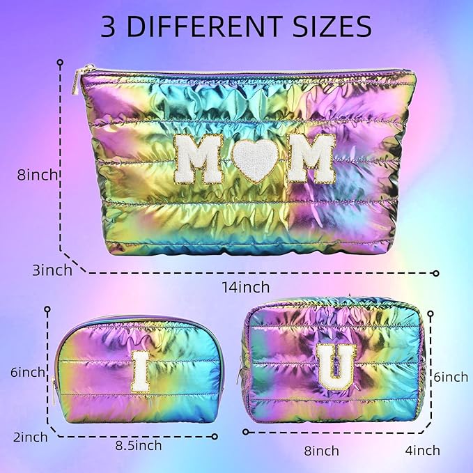Hiroyuki 3pcs Iridescent Quilted Makeup Bag (ILOVEUMOM, rainbow)