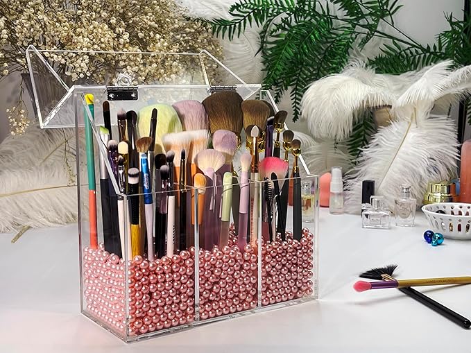 Acrylic Makeup Organizer ,clear Cosmetic brush storage box with 3 Brush Holders ,Makeup brush holderwith dust cover, Largecapacity split design can quickly organize the desktop ( with Free