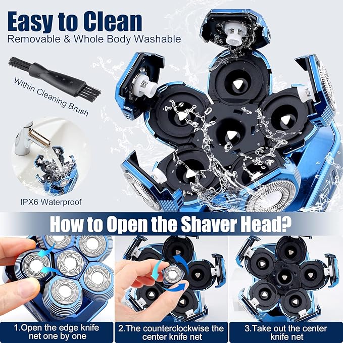 Head Shavers for Bald Men, IPX7 Waterproof Detachable Head Shaver,6D Electric Razor for Men, 6 in 1 Wet/Dry Rechargeable LED Shaving Kit with Type-C Charge