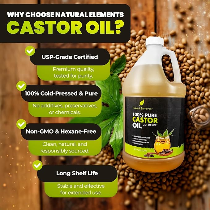 Natural Elements 100% Castor Oil USP Grade | Cold Pressed | Hexane Free | High Purity, Premium Quality