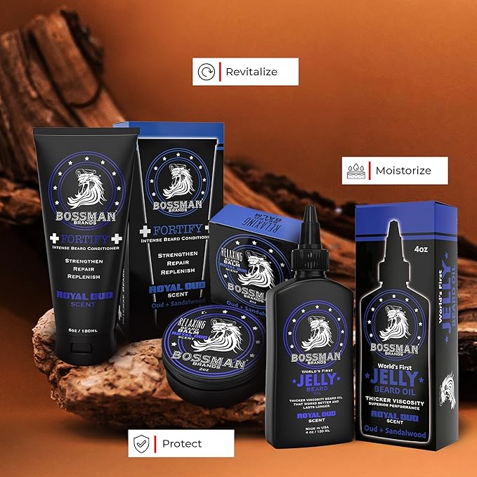 Bossman Essentials Beard Kit for Men – Beard Oil Jelly, Fortifying Conditioner Cream & Beard Balm – Grooming Care Accessories (Royal Oud Scent)