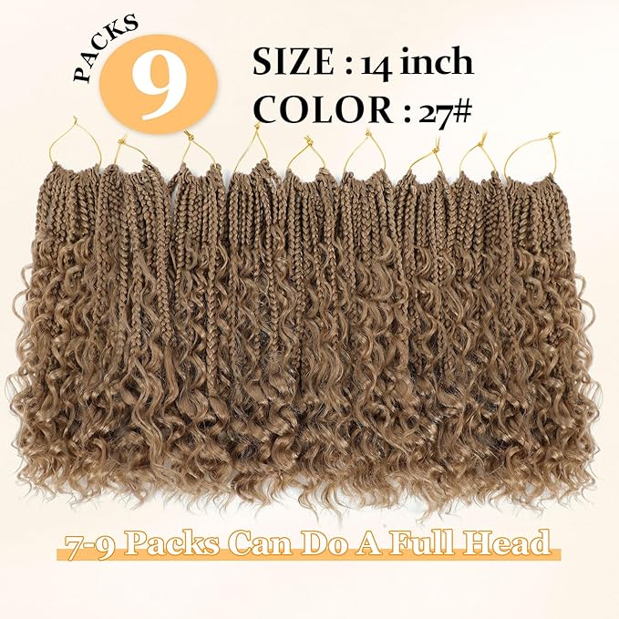 9 Packs Goddess Box Braids Crochet Hair Boho Crochet Box Braids With Curly Ends Crochet Hair For Black Women, 14 Inch Pre Looped Bohemian Crochet Box Braids Hair (14Inch 9 Packs,27#)