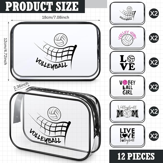 Abbylike 12 Pcs 7 x 4.7 x 2.4'' Cosmetic Bag Gifts Accessories for Makeup Bags Clear PVC Cheer Case Toiletry Zipper Pouch for Women Christmas Xmas (Volleyball Theme)