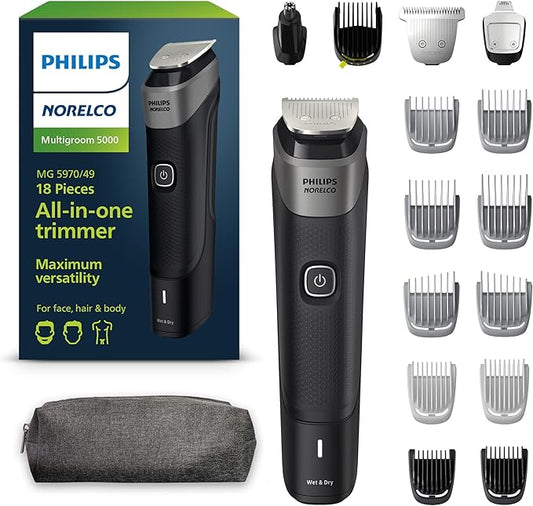 Philips Norelco Multigroom 5000 Series, All-in-One Trimmer, Beard Trimmer and Hair Clipper, 18-Piece Men's Grooming Kit for Beard, Face, Nose, Ear, Body, with Titanium Blades, Travel Pouch, MG5970/49