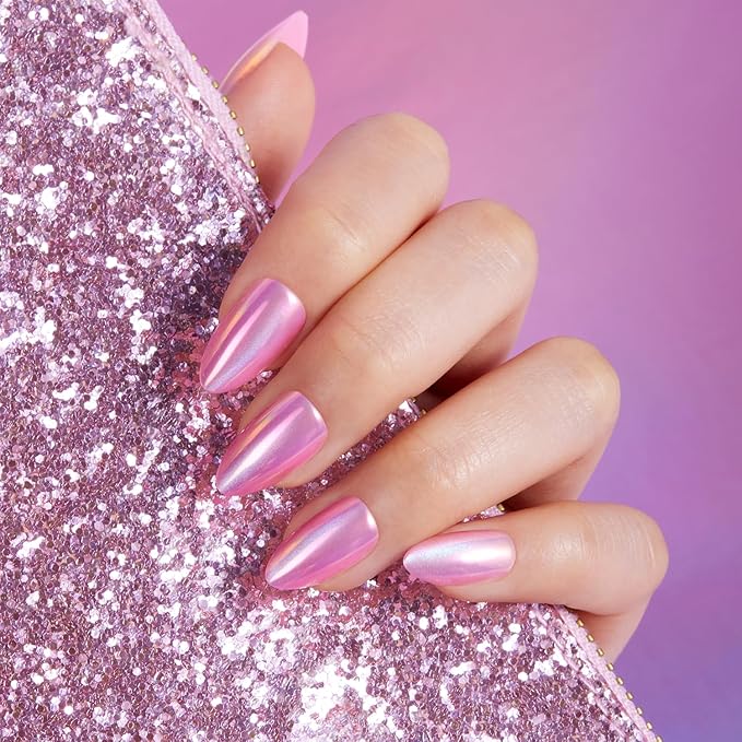 Press on Nails Short Almond - Pink Cat Eye Chrome Nails Kit, Reusable Aurora Effect Fake Nails with Nail Glue, Protector Cuticle Oil, Adhesive Tabs & Mini Nail File - 32 PCS in 16 Sizes (Siren)