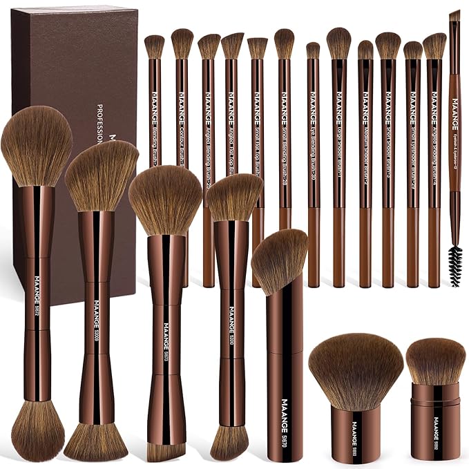 MAANGE 20 Pcs Makeup Brushes with Gift Box, Double-End Multi-functional Makeup Brushes for Blending Liquid Powder Concealer Cream Blush Buffe,Dark Brown