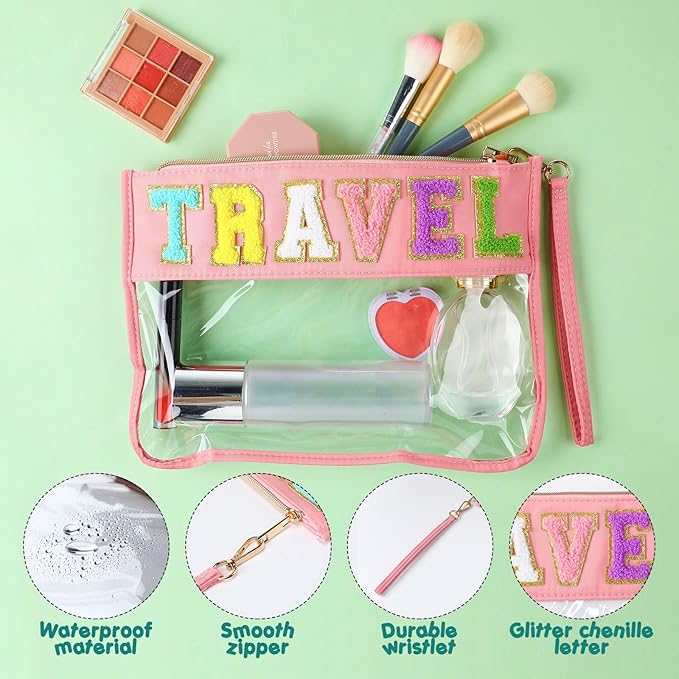 Abbylike 6 Pcs Chenille Letter Clear Zipper Pouch Summer Waterproof Cosmetic Pouch Travel Gym Beach Hawaii Bag Travel Patch Purse Makeup Letter Bag for Women Girls, 6 Colors(Charming Colors,Stylish)