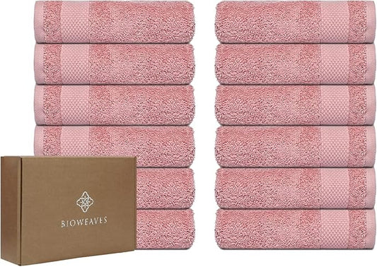 BIOWEAVES 100% Organic Cotton 700 GSM Luxury Wash Cloths GOTS Certified 13" x 13" Face Towel - Dusty Pink, Pack of 12