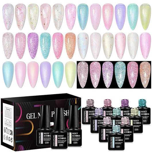 MEET ACROSS Gel Polish Nail Set 18 Colors Spring Pastel Girly Gold Foil Sparkle Glitter Gel Polish Set Dreamy Town Collection Macaroon Bright Pastel Nail Manicure Kit