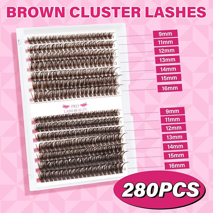 Brown Lash Extension Kit 280pcs Brown Lash Clusters Eyelash Extension Kit With Lash Bond And Seal Lash Remover Lash Applicator Eyelash Brush Easy to Apply at Home for Self Use (60D+80D-9-16mix Kit)