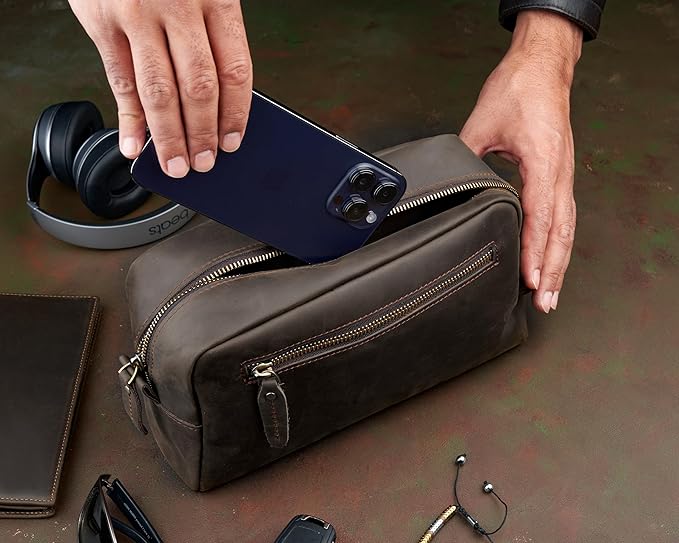 Awesometik Mens Travel Bag Toiletries Organizer Case for Grooming, Toiletry Bag for Men, Travel Essentials Shaving Dopp Kit, Geniune Leather Water Resistant Cosmetic Bag Pouch (Dark Brown)