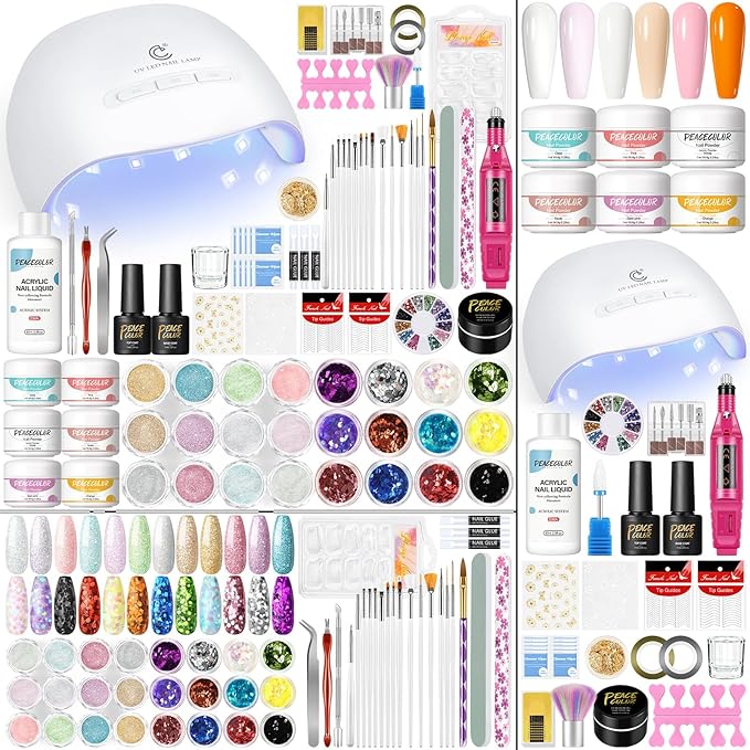 PEACECOLOR Acrylic Nail Kit for Beginners with Everything 6 Colors Acrylic Powder and Liquid Set with Drill U V Light Builder Nail Gel 24Pcs Glitter Powder Nail Kit Acrylic Set Women Gifts