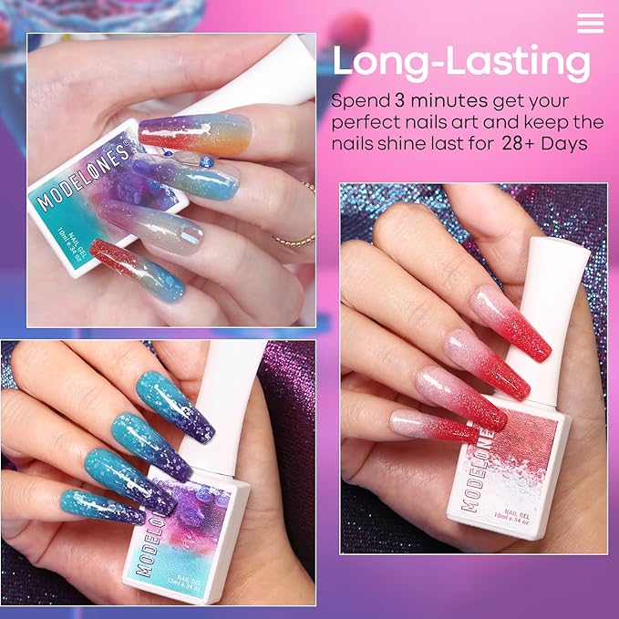 modelones Gel UV LED Nail Lamp with UV Gloves and Color Changing Gel Nail Polish - 6 Colors 10ml Pink Glitter Blue Purple Orange Mood Temperature Change Gel Polish Set Summer Soak Off Nail Polish DIY