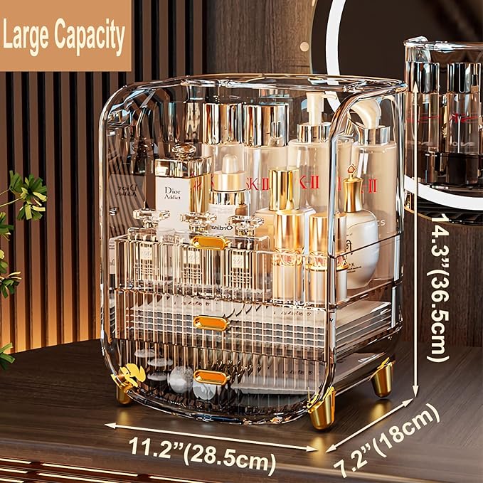 Makeup Organizer, Large Capacity Cosmetics Makeup Organizer for Vanity, Dustproof Waterproof Cosmetics Display Case with Drawers for Skincare, Lipstick, Brushes and Jewelry (Clear)