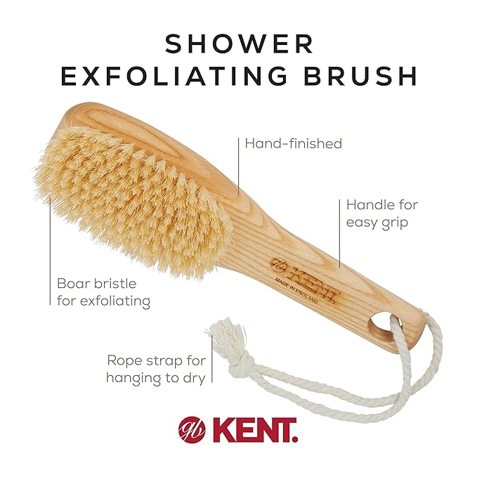 KENT FD6 9" Beechwood Wood Short Handle Shower Bath Body Brush. for Skin Exfoliate & Massage. 100% White Boar Bristles. Best Body, Foot and Leg Scrubber Brushing for Wet and Dry Body. Made in England