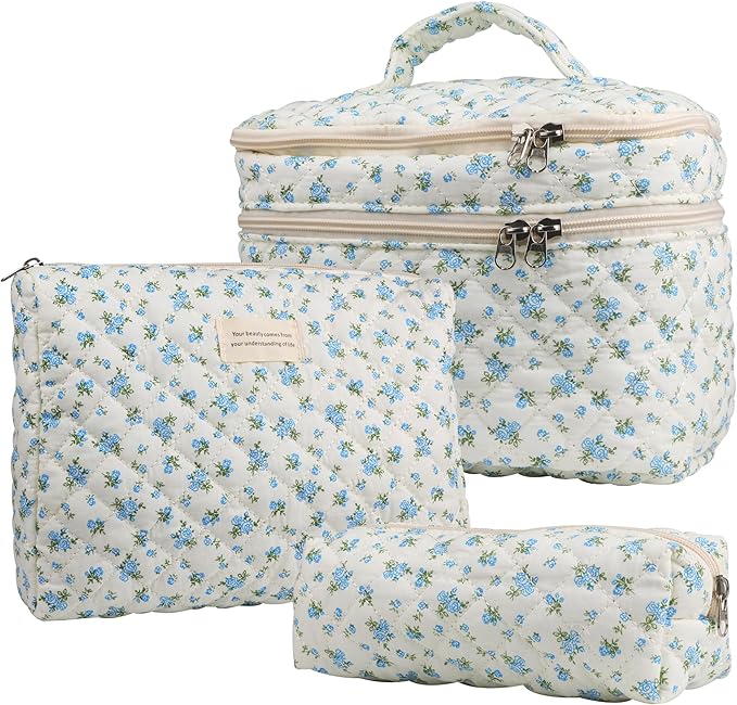 Dual Layer Cute Makeup Bag for Women(3 Pcs), Quilted Floral Coquette Aesthetic Make up Bags, Travel Cosmetic Bags Toiletry Organizer Bag(Blue Rose)
