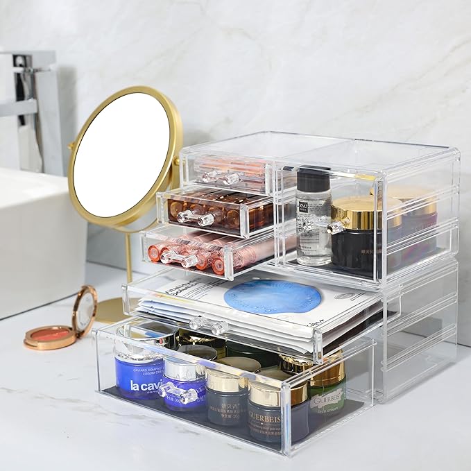 Cq acrylic 2 Pack Clear Desk Organizer With Drawers,Stackable 6 Drawers Skincare Organizer,Cute Skin Care Organizers for Vanity Hair Clip,Jewelry,Beauty Product Desk and Makeup Organizers Countertop