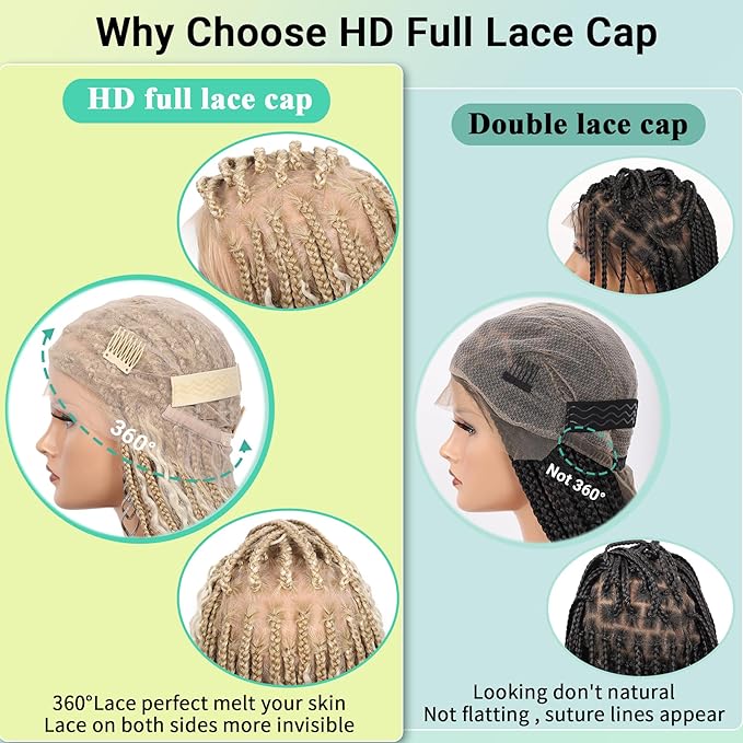 18 Inch HD Full Lace Braided Wigs for Women with Baby Hair Knotless Braid Wig Medium Human Hair blended Boho Box Braided Wigs With Cruls Ends Platinum Blonde
