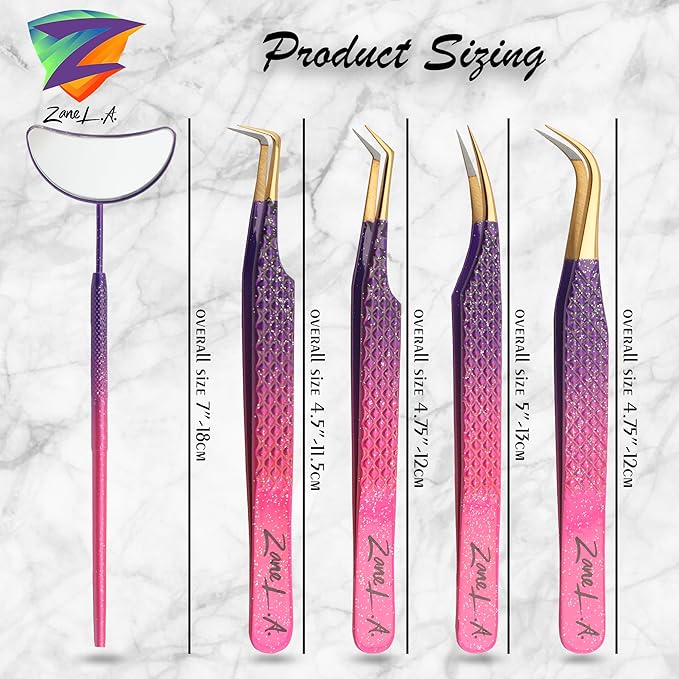 Nano Fiber Tip Professional Eyelash Extension Tweezers, a pack of 4, Quality tweezers made with Japanese Stainless Steel, includes Stylish Half Moon Mirror. (Multi-Color)