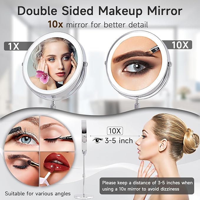 9"Lighted Makeup Mirror, Vanity Mirror with Lights,3000 mAh Rechargeable Height Adjustable,1x/10x Magnifying Mirror with 3 Color, Brightness Adjustable,360° Rotation Double Sided Mirror, Women Gift