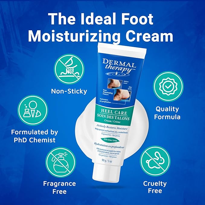 Dermal Therapy - Heel Care Cream, Foot Cream for Dry Cracked Heels, Intense Foot Moisturizer with Urea and AHA, Foot Lotion and Feet Exfoliator with Non-Greasy Formula, 3 o.z.