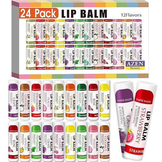 AZEN 24 Pack Lip Balm, Natural Lip Balm Bulk, Moisturizing Lip Balms for dry cracked lips