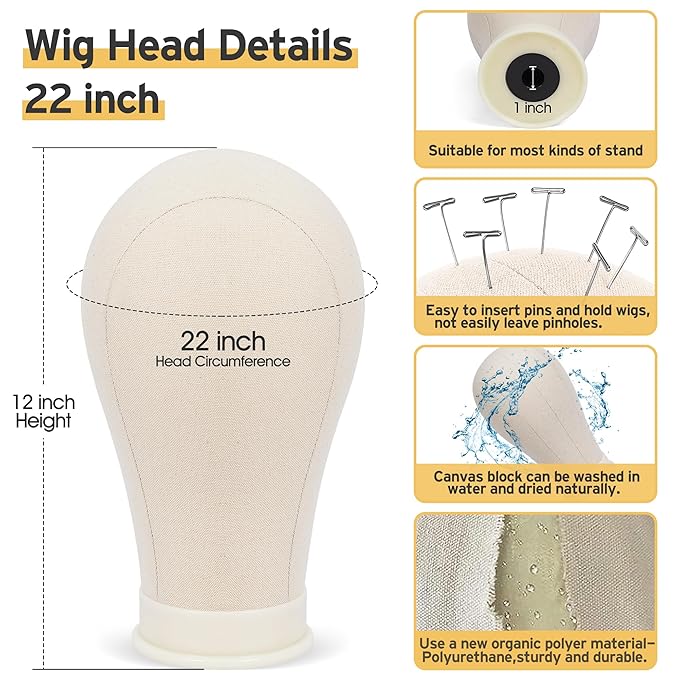 Klvied Wig Mannequin Stand for Desktop, Dual-use 22 Inch Canvas Wig Head Display, Adjustable Clamp Wig Holder, Manikin Head Stand Set for Cosmetology Hairdressing Training with Carrying Case