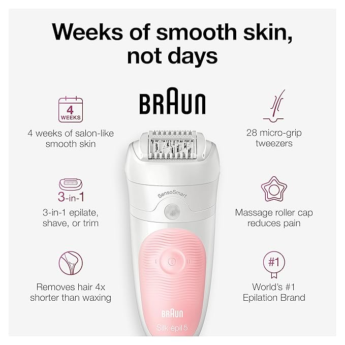 Braun Epilator Silk-épil 5 5-620, Hair Removal Device, Epilator for Women, Shaver & Trimmer, Cordless, Rechargeable, Wet & Dry, 6 Piece Set