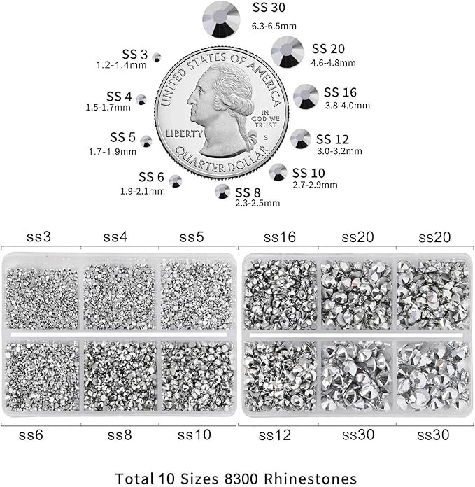 Beadsland 8300PCS Flatback Rhinestones, Silver Rhinestone Nail Gems Round Crystal Rhinestones for Crafts, Mixed 10 Sizes with Wax Pencil and Tweezer Kit, SS3-SS30, Silver Hematite